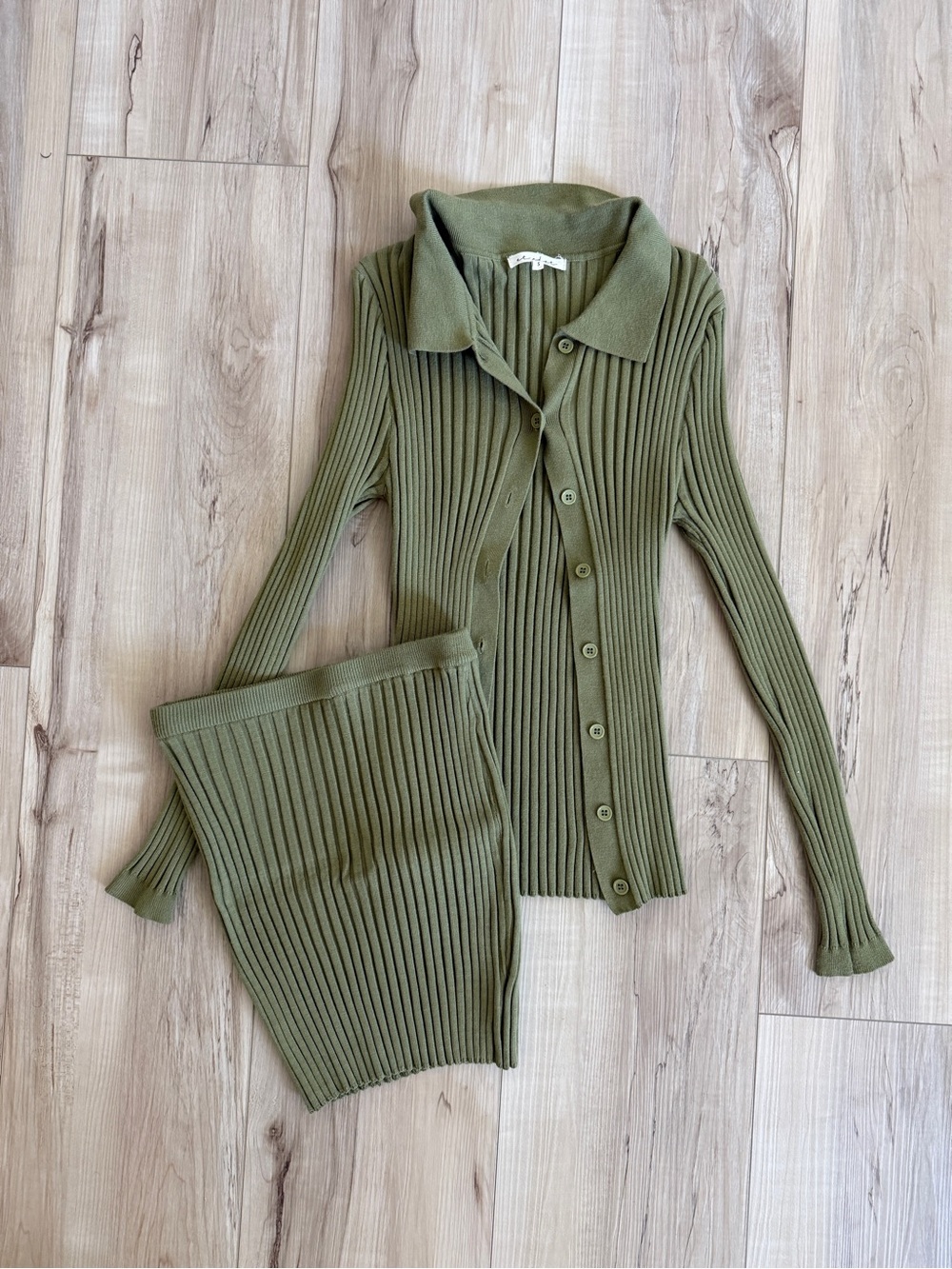 Ribbed Olive Green Knit Button-Up Top and Skirt Set